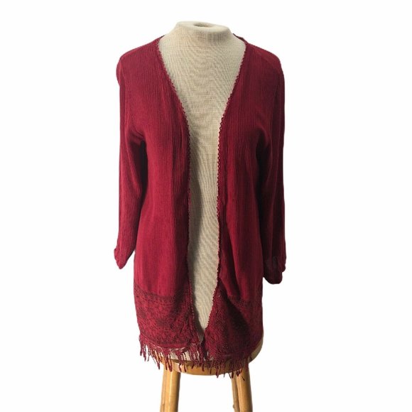 South Main Sweaters - South Main Shrug Wrap Open Front Gauzy Fringe Red